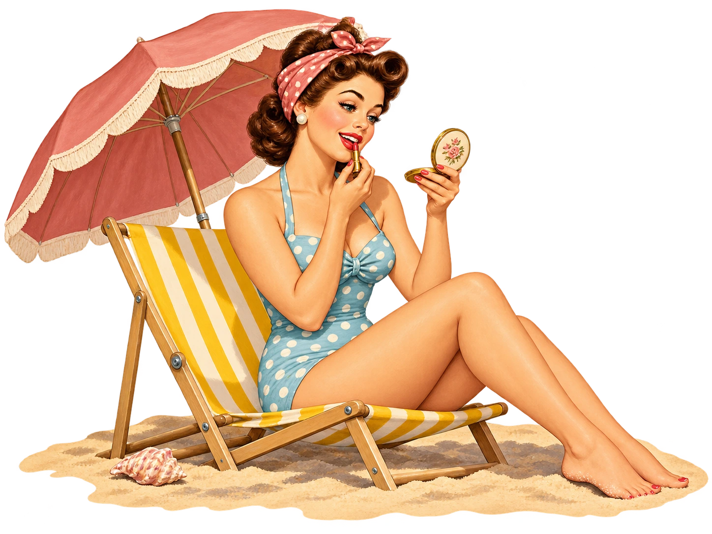Na praia, uma mulher de maiô retoca o batom com um espelhinho.