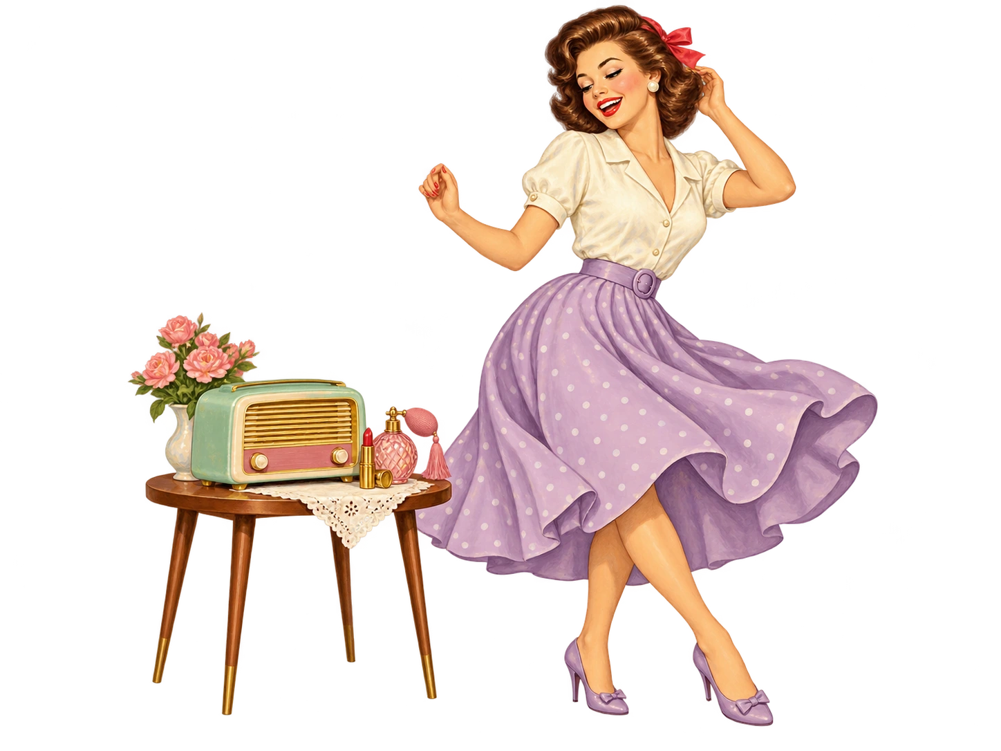 Ao som do rádio, uma mulher dança durante seus preparativos, perto do perfume e do batom.