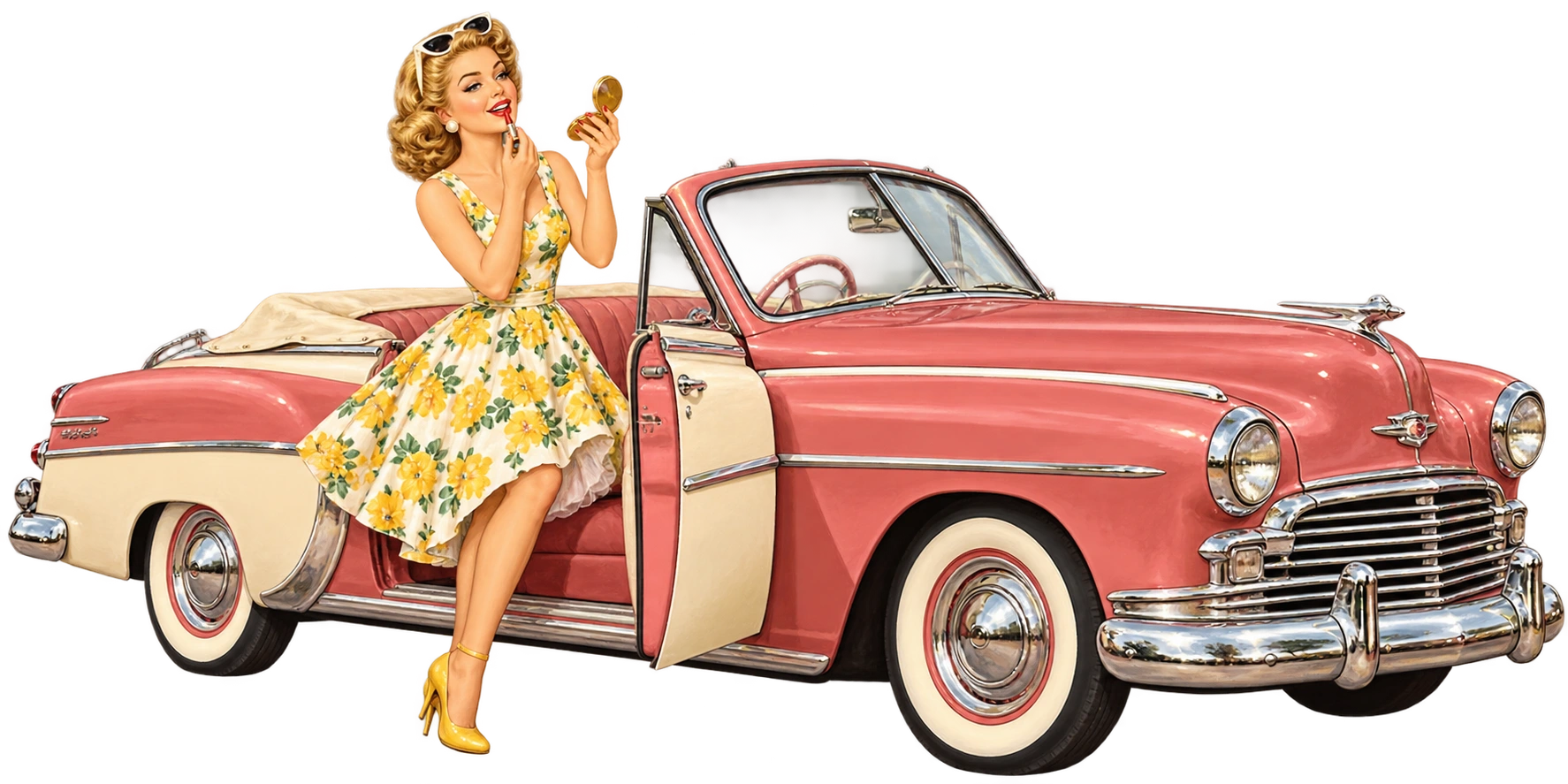 Pronta para sair: ao lado do carro estacionado, uma mulher dá o último retoque no batom antes da despedida.