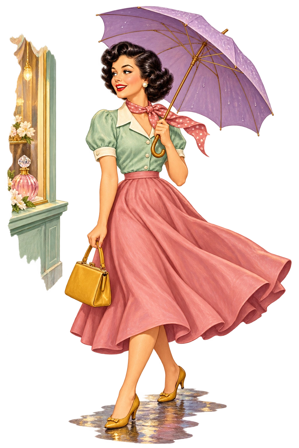Uma mulher passeia de guarda-chuva e observa uma vitrine de perfumes.
