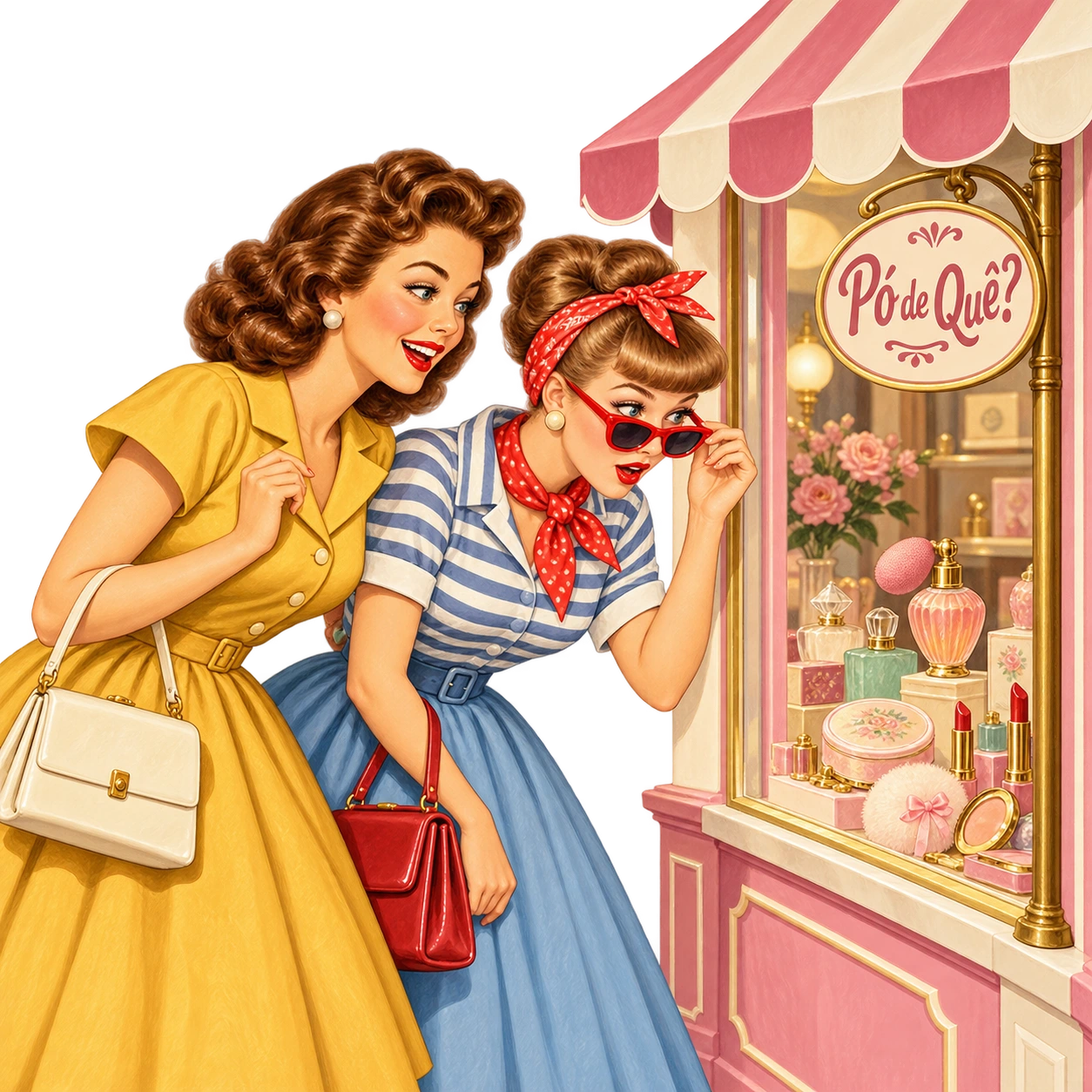 Duas mulheres descobrem os cosméticos na vitrine da Pó de Quê?; uma delas abaixa os óculos para espiar.