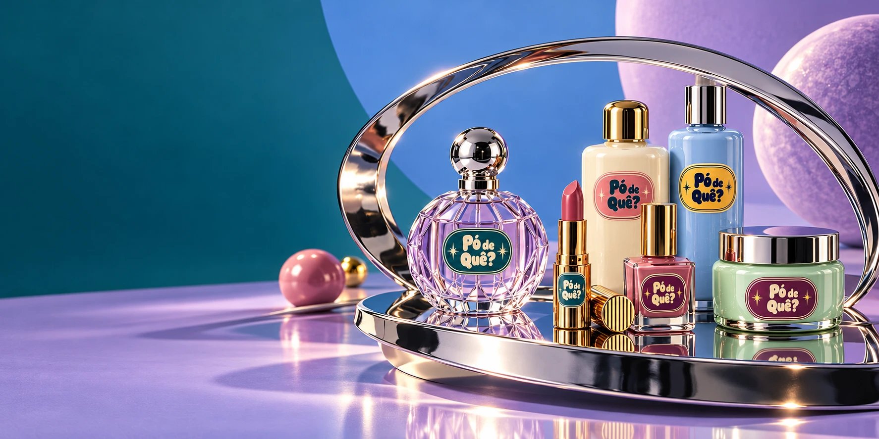 Vitrine retrô-futurista com uma órbita cromada e cosméticos Pó de Quê?